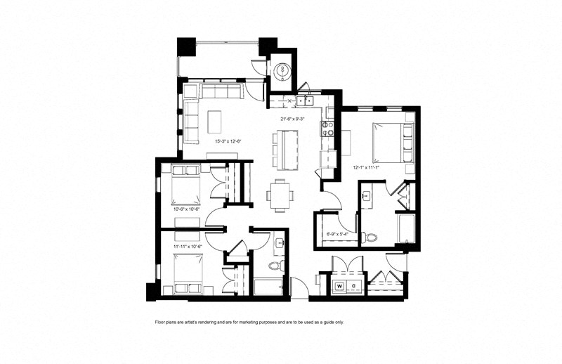 Floor plan for 3 beds, 2 baths, 1390 sqft